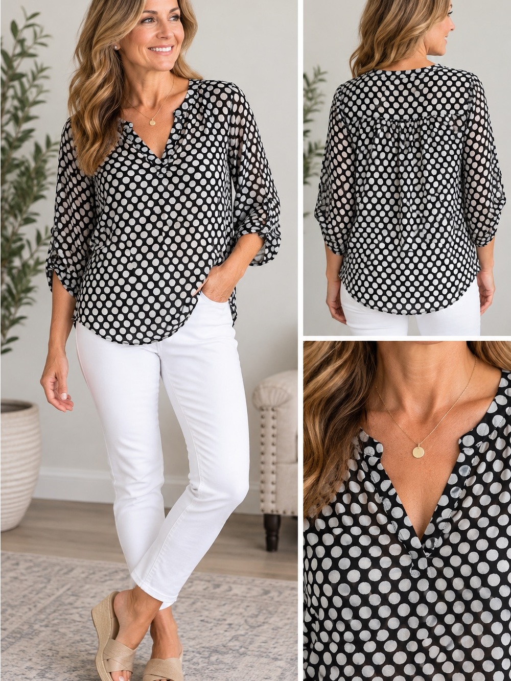 EST 1946 Polka Dot V-Neck Blouse in Black and White size M